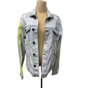 NEW! "KDNK" Men Denim Jacket Neon Stripe Distressed Paint Splatter Size M Grunge